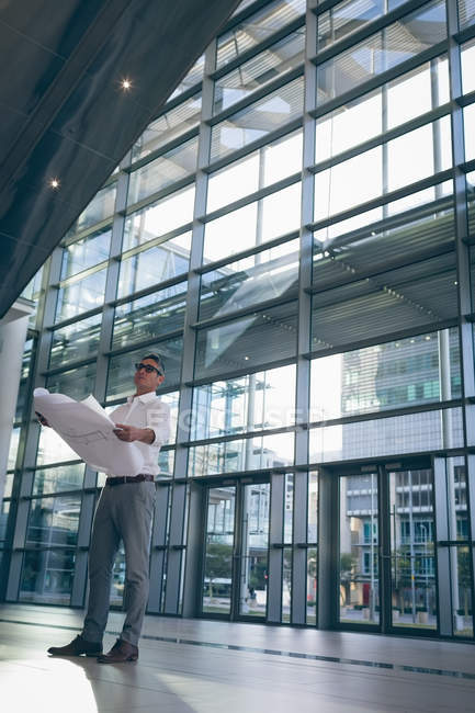 Low-angle view of a concentrated businessman reading a blueprint plan in office next to big windows showing the city in the background — Stock Photo