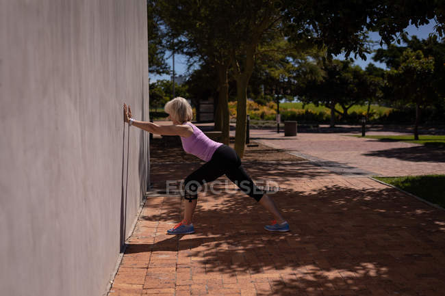 Vista laterale di una donna anziana attiva che si allena e si allunga contro un muro nel parco in una giornata di sole — Foto stock