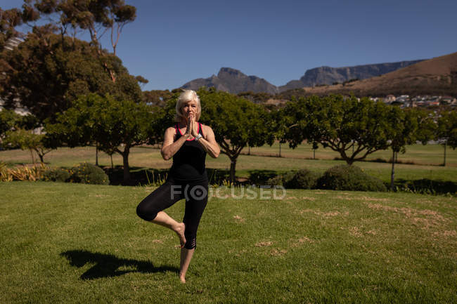 Vista frontal de uma mulher idosa ativa realizando ioga e juntando as mãos no parque em um dia ensolarado — Fotografia de Stock