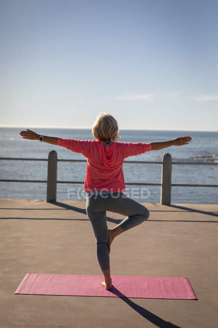 Вид ззаду активної старшої жінки, що виконує йогу на фітнес-карті на набережній перед морем — стокове фото