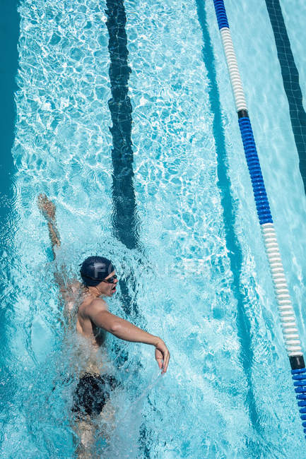 Vista de ángulo alto del joven nadador masculino caucásico mientras está nadando estilo libre en la piscina al aire libre en un día soleado - foto de stock