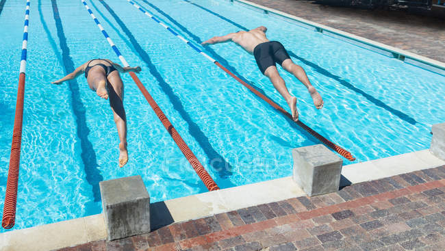 Высокий угол обзора мужчин и женщин кавказских пловцов, прыгающих в воду в одно и то же время у бассейна под солнцем — стоковое фото