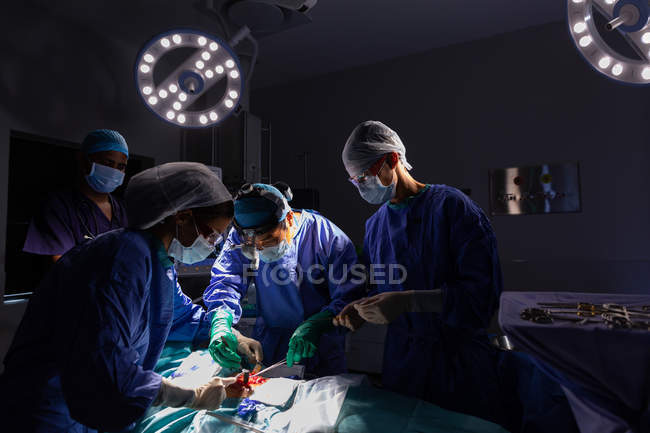 Вид сверху на хирургов, сконцентрированных на выполнении операции в операционной в больнице — стоковое фото
