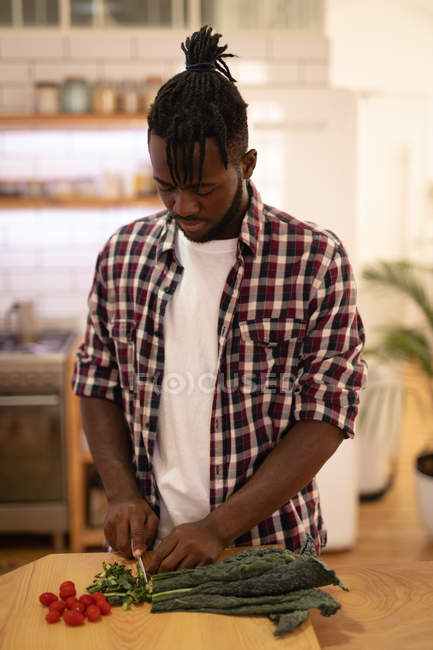 Vista frontal del hombre afroamericano guapo cocinando en la cocina en casa - foto de stock