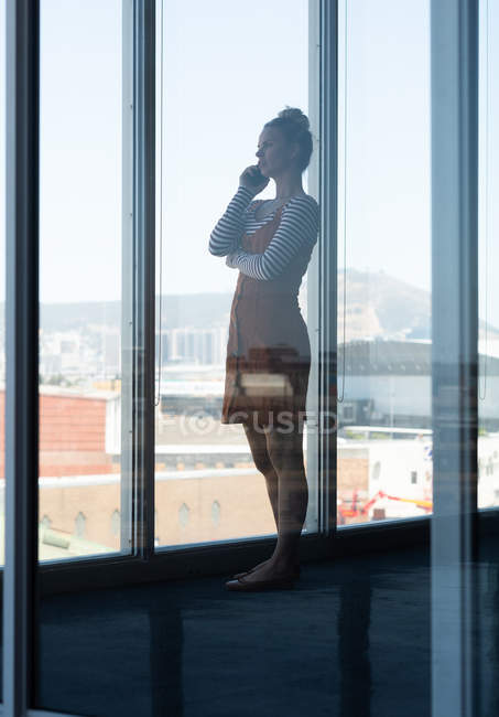 Vista lateral da jovem mulher de negócios loira caucasiana falando no telefone celular no escritório — Fotografia de Stock
