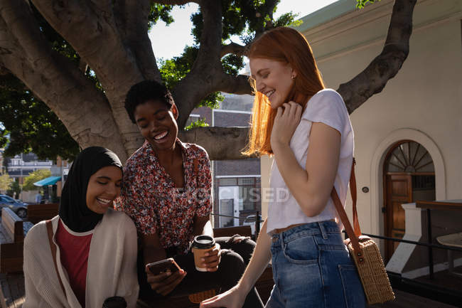 Вид спереду щасливої змішаної раси друзів-жінок, використовуючи мобільний телефон, сидячи на лавці під деревом — стокове фото