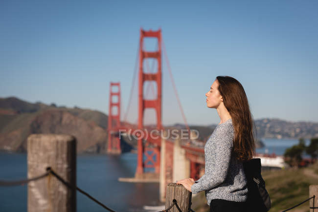 Вид збоку красивої жінки, що стоїть біля перил — стокове фото