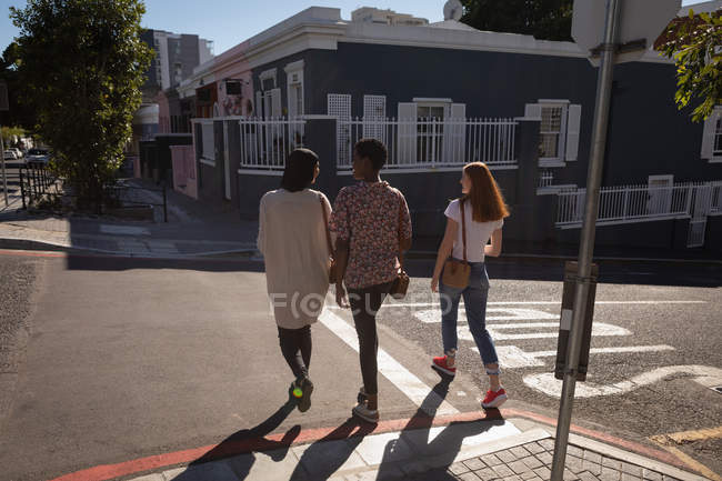 Задний вид смешанной расы подруги, взаимодействующей друг с другом при переходе через дорогу в солнечный день — стоковое фото
