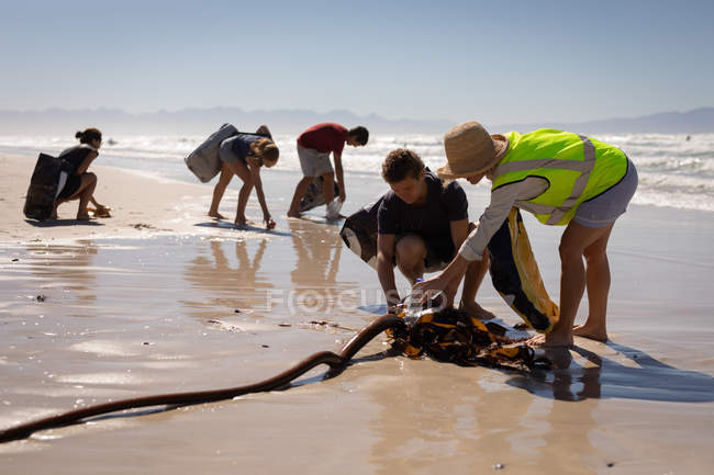 Vue de face de bénévoles multiethniques nettoyant la plage par une journée ensoleillée — Photo de stock