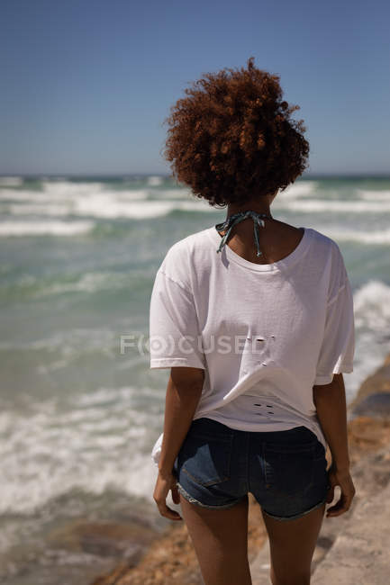 Visão traseira da jovem mulher de raça mista em pé na praia em um dia ensolarado — Fotografia de Stock