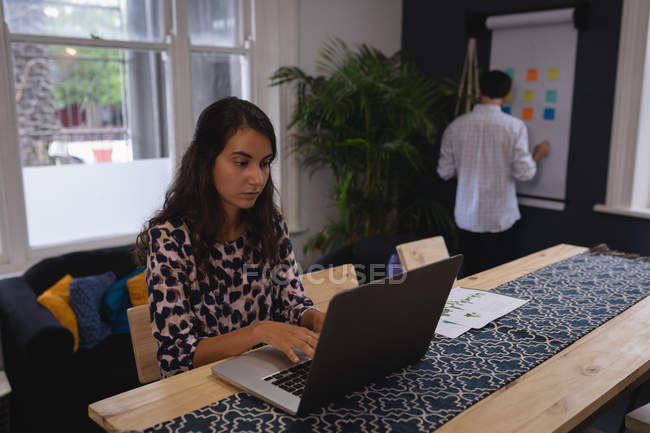 Side view of beautiful mixed-race female executive working on laptop in the office — Stock Photo