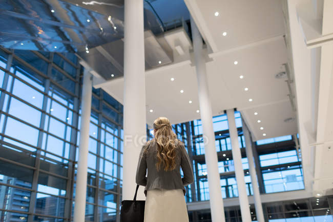 Vue arrière de la femme d'affaires debout dans le hall au bureau moderne — Photo de stock