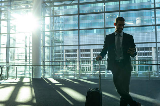 Vue de face de l'homme d'affaires avec sac trolley utilisant un téléphone portable dans l'immeuble de bureaux moderne — Photo de stock