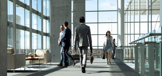 Visão traseira do empresário andando pelo corredor no escritório moderno — Fotografia de Stock