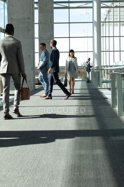 Vista lateral de los ejecutivos masculinos caucásicos interactuando entre sí mientras caminan en la oficina moderna - foto de stock