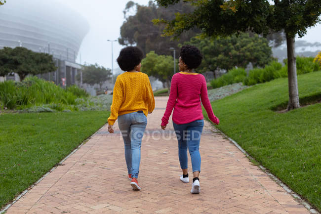 Rear view of two young adult mixed race sisters walking along a path and talking in an urban park — Stock Photo