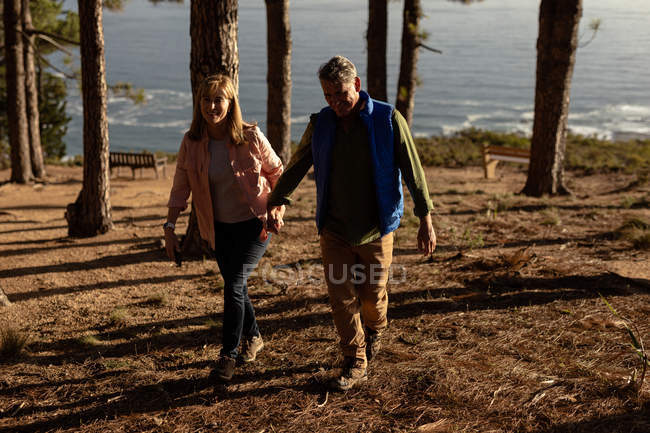 Vue latérale d'une femme et d'un homme caucasiens mûrs souriants se tenant la main et marchant ensemble dans une forêt loin de la mer pendant une randonnée — Photo de stock