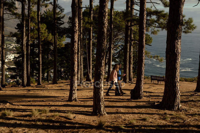 Vista lateral de una mujer caucásica madura y el hombre caminando juntos a través de un bosque hacia el mar durante una caminata - foto de stock