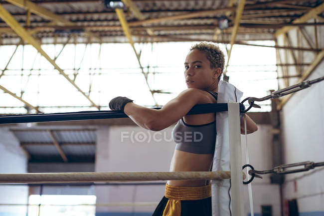 Vue latérale du boxeur féminin appuyé sur des cordes et regardant la caméra dans le ring de boxe au club de boxe. Forte combattante dans la boxe gymnase entraînement dur . — Photo de stock