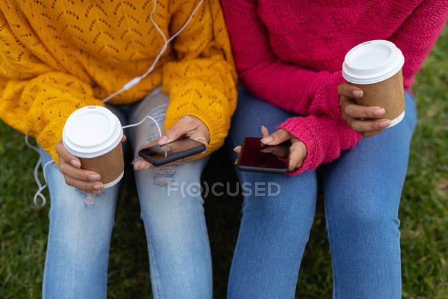 Zwei Schwestern, die ihre Smartphones benutzen und Kaffee zum Mitnehmen in der Hand halten, sitzen zusammen auf einer Wiese in einem Park — Stockfoto