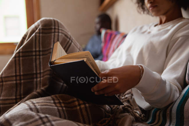 Vista lateral de cerca de una joven mestiza sentada en un sofá leyendo un libro en casa, su pareja, un joven afroamericano, está sentada en el sofá en el fondo . - foto de stock