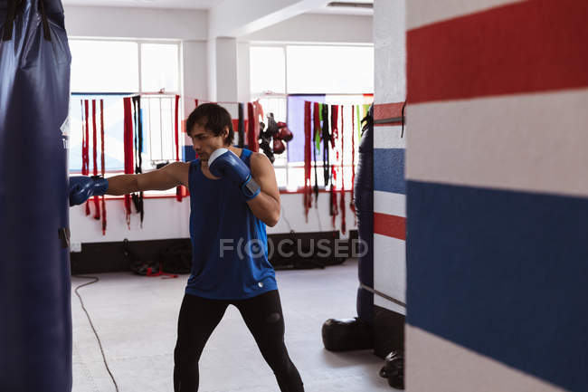 Vista lateral de un joven boxeador masculino de raza mixta en un gimnasio de boxeo golpeando un saco de boxeo - foto de stock