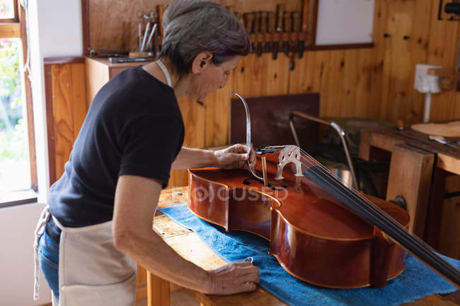 Side view of a senior Caucasian female luthier working on a cello on a workbench in her workshop, with tools hanging up on the wall in the background — Stock Photo