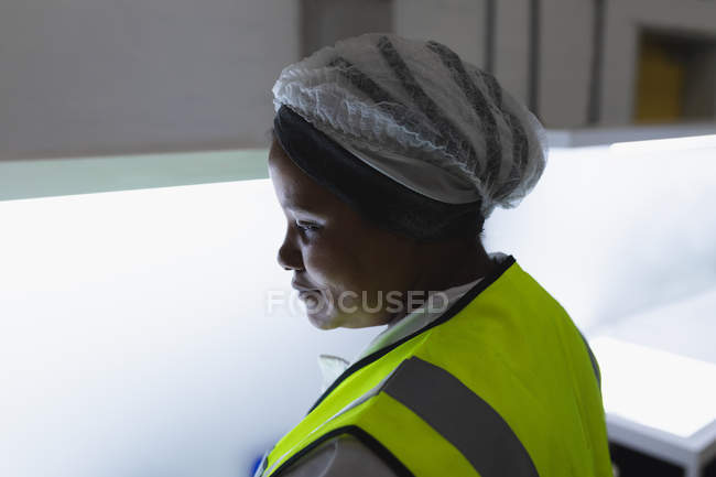 Vista lateral de cerca de una joven trabajadora de fábrica afroamericana inspeccionando equipos en un almacén en una fábrica - foto de stock