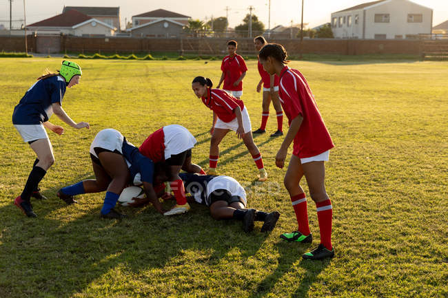 Vista lateral de un grupo de jóvenes jugadoras de rugby multiétnicas adultas durante un partido, con un jugador derribado al suelo y otros agarrando la pelota - foto de stock