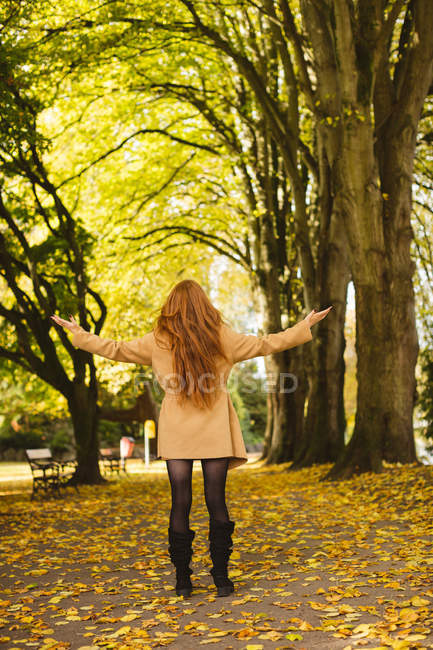 Vista trasera de la mujer de pie en el parque con los brazos abiertos . - foto de stock