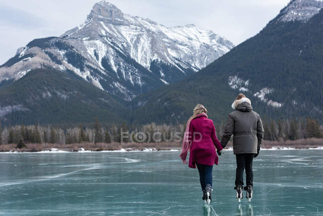 Vista trasera de la joven pareja caucásica patinando juntos en un paisaje nevado natural - foto de stock