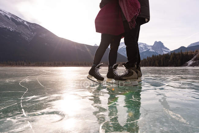 Baixa seção de casal romântico em pé na paisagem nevada natural no fundo — Fotografia de Stock