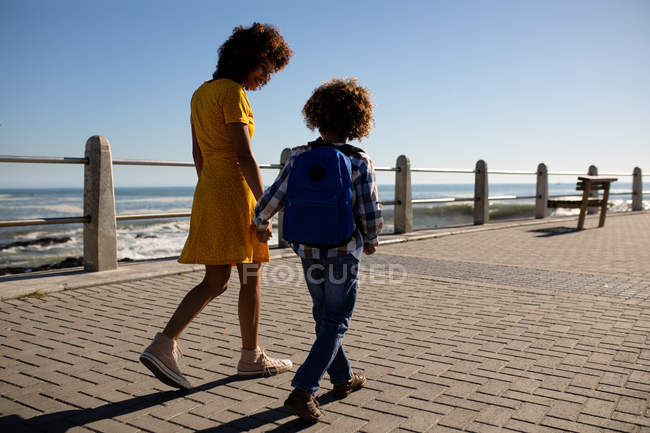 Vue arrière d'une jeune femme métissée et de son fils pré-adolescent jouissant de temps ensemble au bord de la mer, se tenant la main et marchant par une journée ensoleillée — Photo de stock