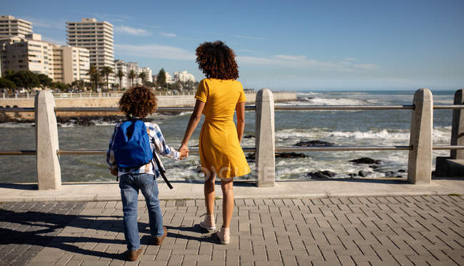Vista posteriore di una giovane donna di razza mista e del suo figlio pre-adolescente che si godono il tempo insieme in riva al mare, si tengono per mano e camminano in una giornata di sole — Foto stock