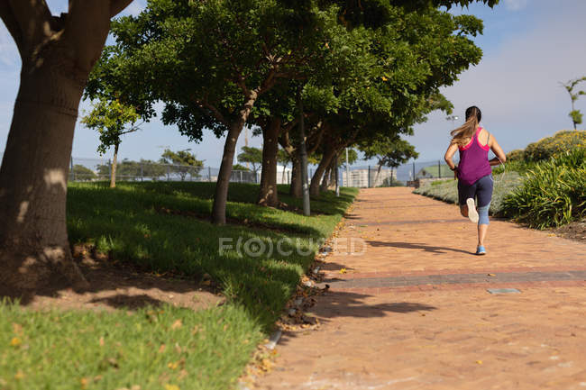 Rückansicht einer jungen kaukasischen Frau in Sportkleidung, die während eines Trainings an einem sonnigen Tag in einem Park auf einem Pfad läuft — Stockfoto