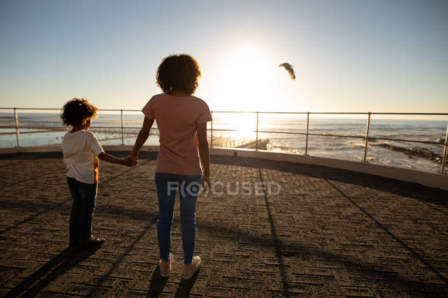 Вид спереду змішаної раси жінка і її до-підліток син насолоджується часом разом біля моря, тримаючи руки і захоплюючись видом на сонячний день — стокове фото