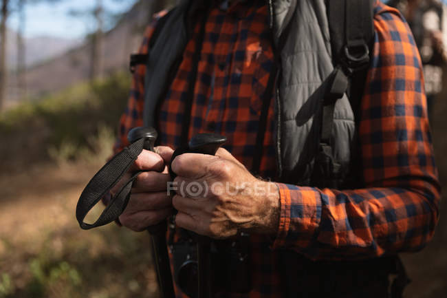 Vista lateral parte média do homem segurando paus de caminhada nórdicos em um ambiente rural — Fotografia de Stock