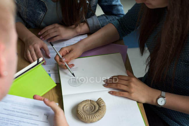 High angle view of students practicing diagram while studyhing at desk in classroom — Stock Photo