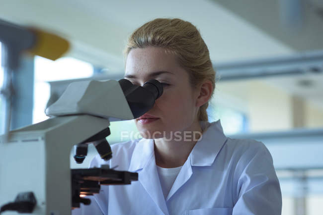 Estudiante universitario haciendo experimento en microscopio en laboratorio en la universidad - foto de stock
