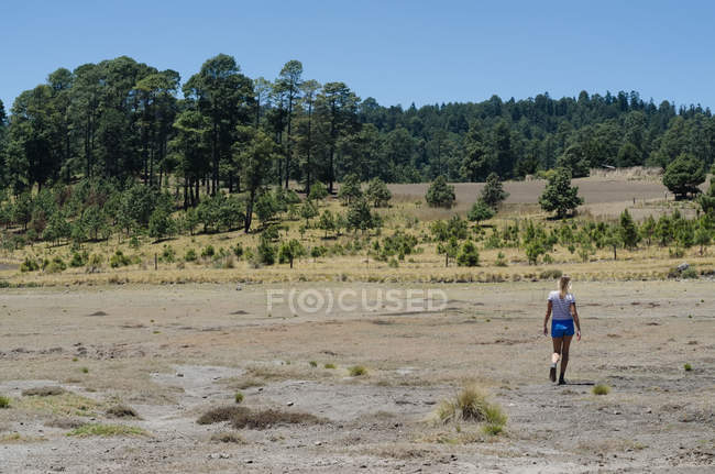 Rückansicht einer Wanderin, die auf einem Feld gegen den Himmel läuft — Stockfoto