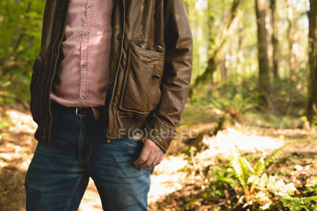 Mid-section of man standing in forest — Stock Photo