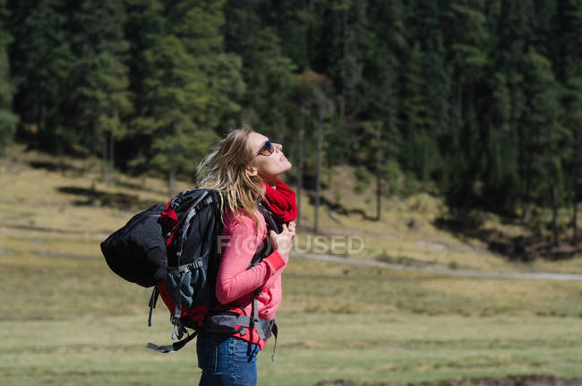 Vue latérale du randonneur féminin avec sac à dos regardant vers le haut marchant sur le terrain — Photo de stock