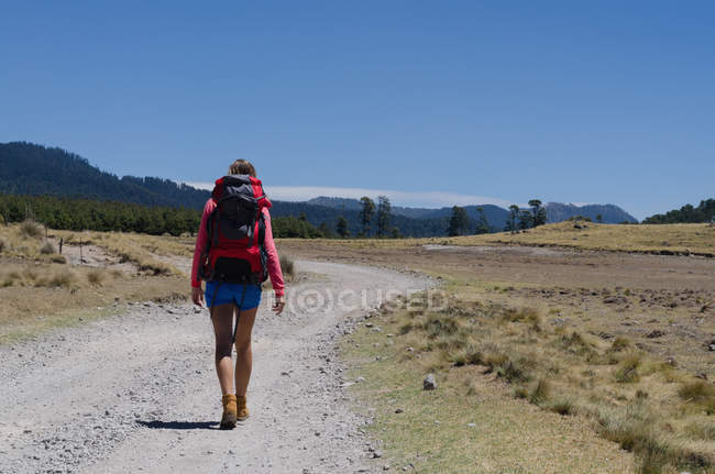 Вид ззаду на жіночого пішохода з рюкзаком, що йде по брудній дорозі на блакитне небо — стокове фото