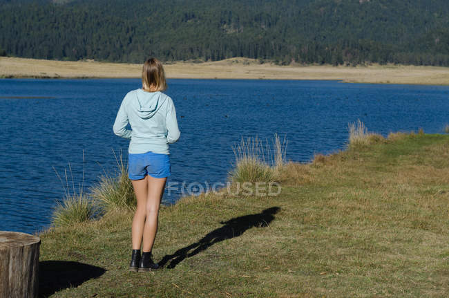Rückansicht einer Wanderin, die an einem sonnigen Tag auf einem Feld am See steht — Stockfoto