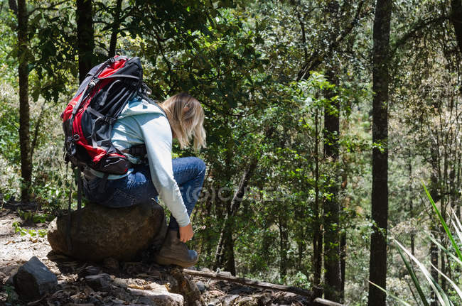 Side view of female hiker wearing shoes while sitting on rock at forest — Stock Photo