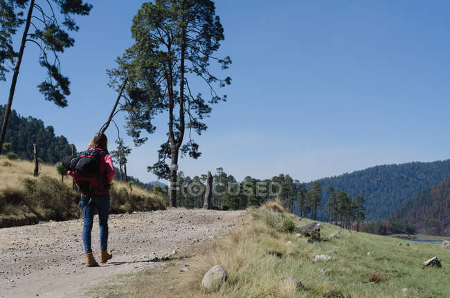 Visão traseira do caminhante feminino com mochila andando na estrada de terra — Fotografia de Stock
