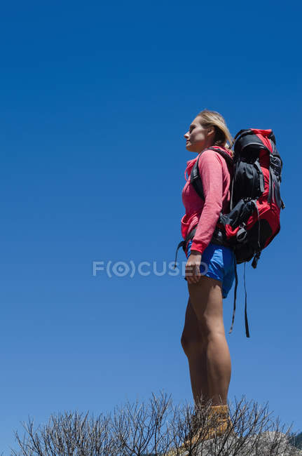 Vista de ángulo bajo del excursionista femenino con mochila de pie sobre roca contra el cielo azul claro - foto de stock