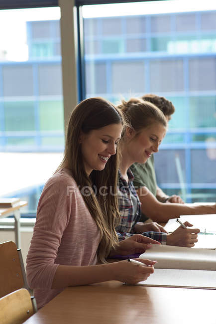 Vista lateral de estudiantes sonrientes que estudian en el escritorio en el aula - foto de stock