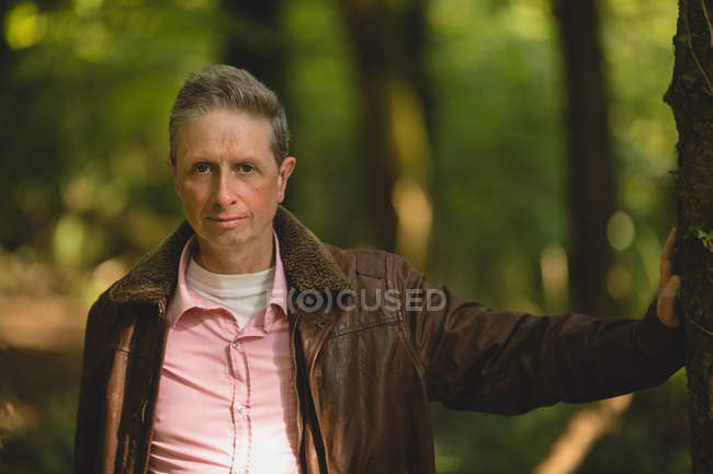 Portrait de l'homme debout dans la forêt par une journée ensoleillée — Photo de stock