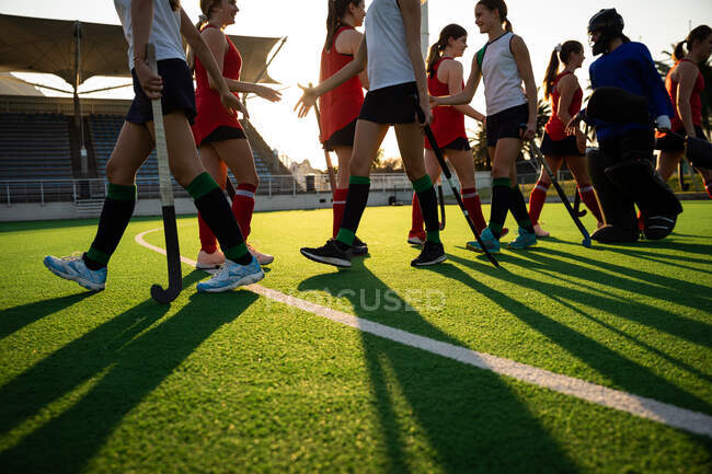 Visão lateral de baixo ângulo de um grupo de jogadores de hóquei em campo caucasianos do sexo feminino, antes de um jogo, de pé em uma fileira, cumprimentando os adversários, em um dia ensolarado — Fotografia de Stock